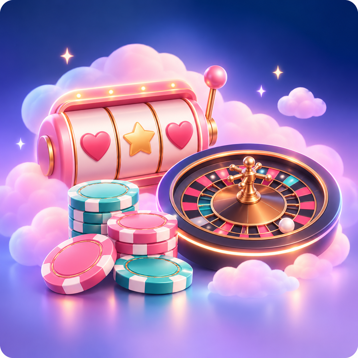 Small illustration of a slot reel, poker chips and roulette wheel