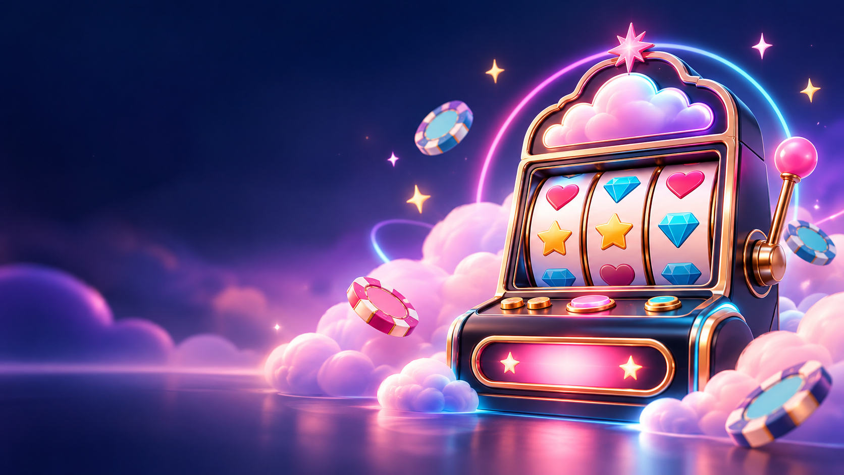 Playful neon casino illustration with a rounded slot machine and fluffy clouds